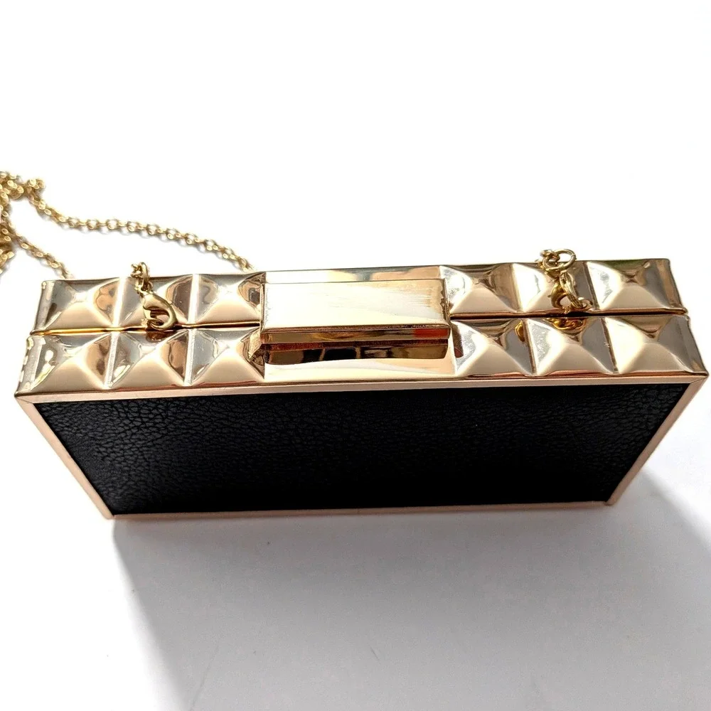 Kate Landry Gold Studded Box Clutch Black Convertible‎ Crossbody Removable Chain